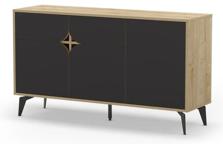 Нисък скрин с дъбов декор в черно - естествен цвят 140x79 cm Nola - Marckeric