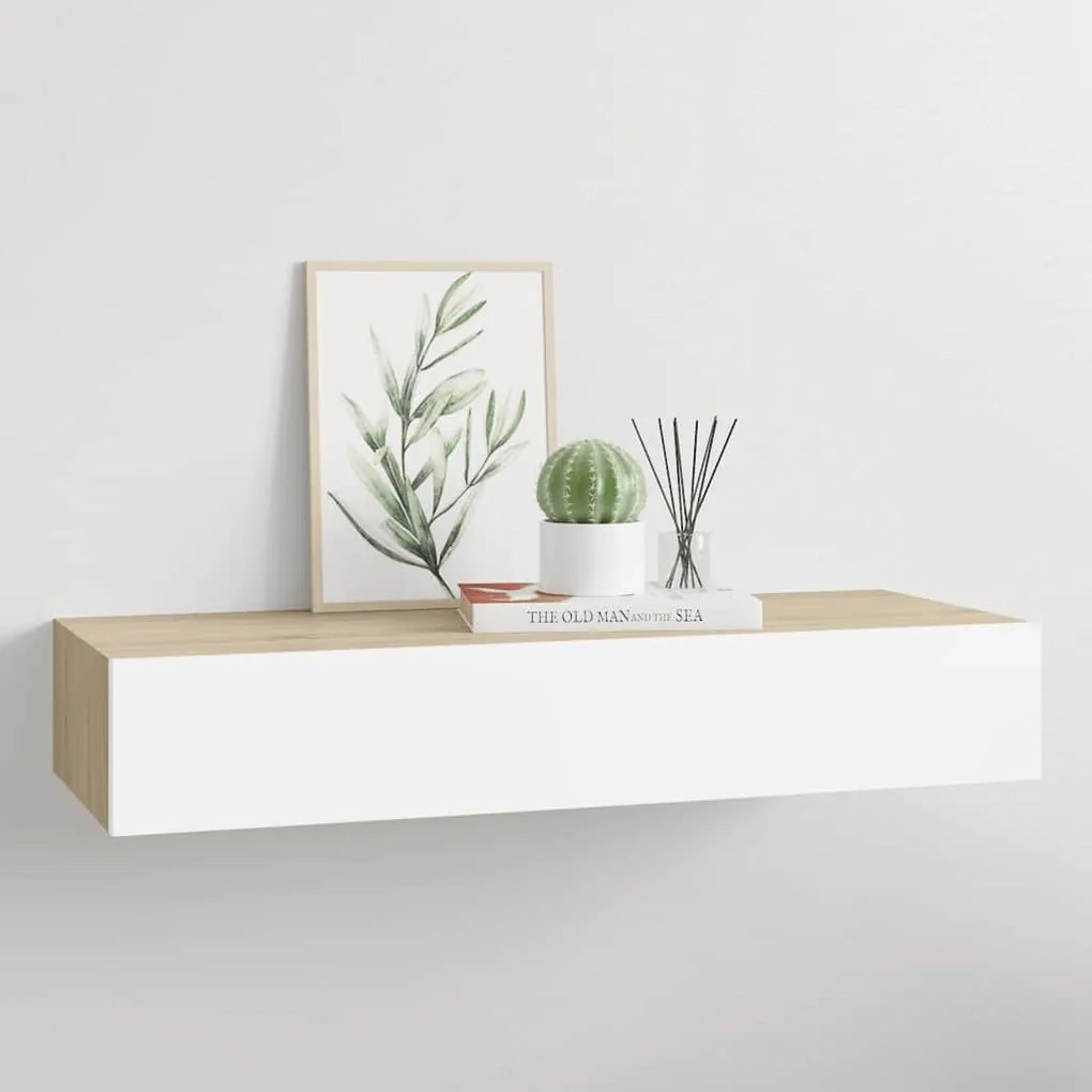 330263 vidaXL Стенен рафт за чекмеджета, дъб и бяло, 60x23,5x10 см, MDF
