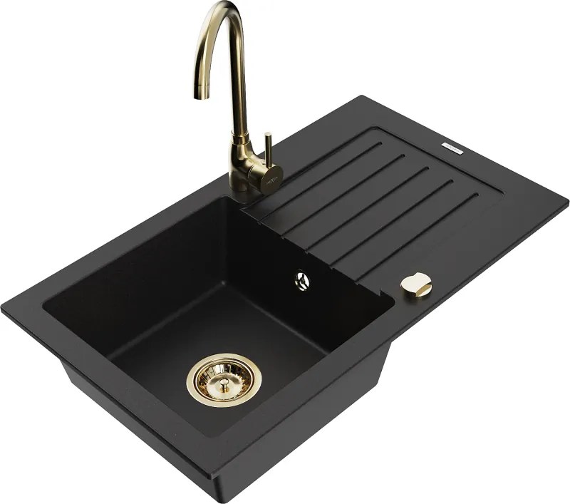 Mexen Pablo гранитна мивка с една камера с дренаж и кухненски смесител Telma, черен - 6510-77-670200-50