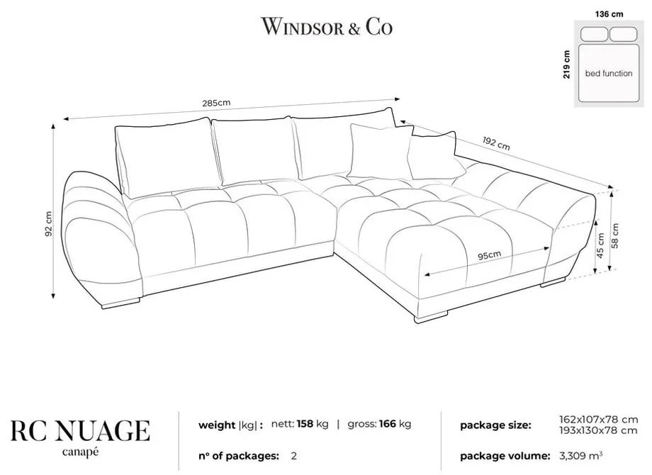 Сив ъглов разтегателен диван с кадифена покривка, десен ъгъл Nuage - Windsor &amp; Co Sofas