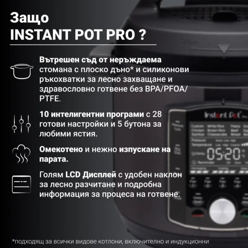 Разопакован: Мултикукър Instant Pot PRO 6 112016701, 1200W, 5.7 л, 28 програми, 11 Системи за безопасност, Черен