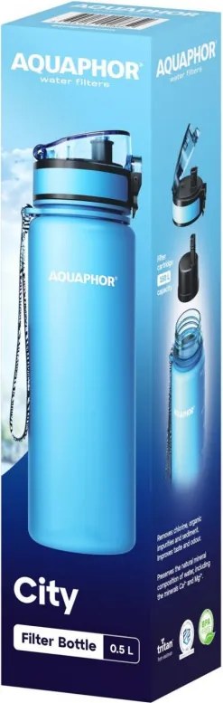 Филтрираща бутилка за вода Aquaphor City 160046, 500 мл, Тритан, Активен въглен, Aqualen, Заключващ се капак, Ледниково синьо