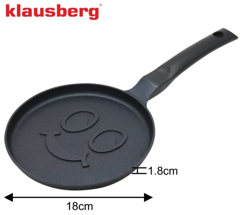 Тиган за палачинки Klausberg KB 7971, 18 см, Релефно дъно с усмивка, Незалепващо покритие, Без PFOA, Индукция, Черен
