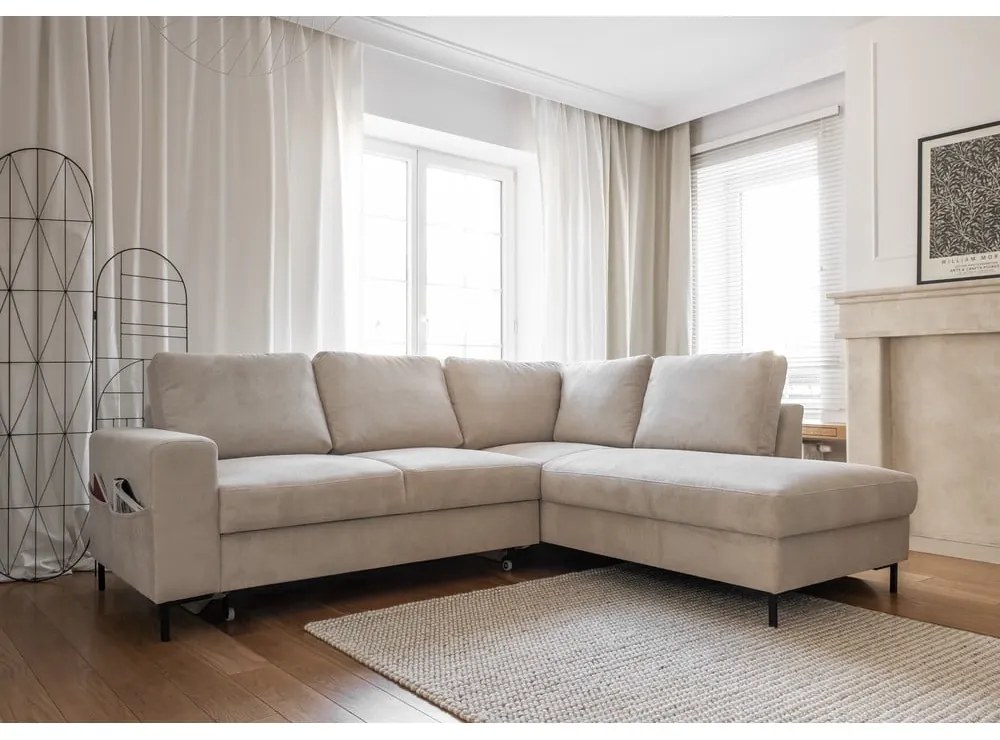 Бежов разтегателен ъглов диван от рипсено кадифе (десен ъгъл) Lofty Lilly – Miuform