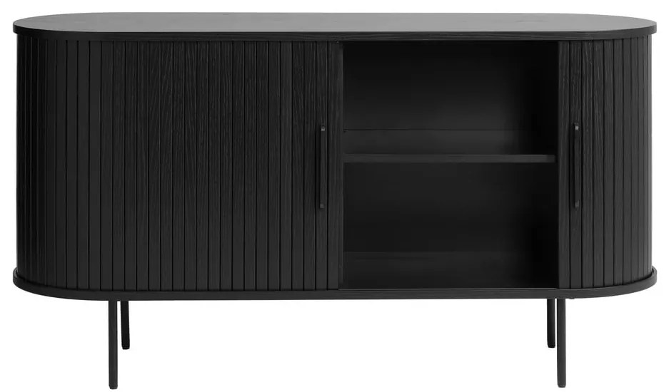 Черен нисък скрин от декор от дъб с плъзгащи се врати 140x76 cm Nola – Unique Furniture