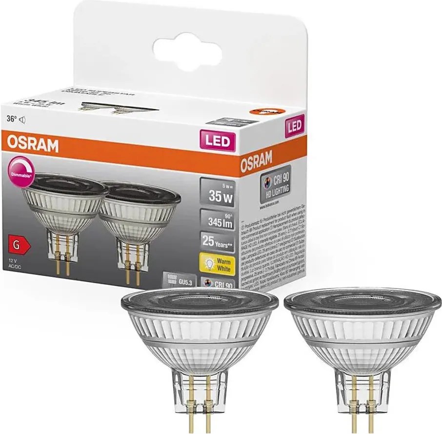 КОМПЛЕКТ 2x LED димируеми рефлекторни крушки MR16 GU5,3/5W/12V 2700K 36° CRI 90 - Osram