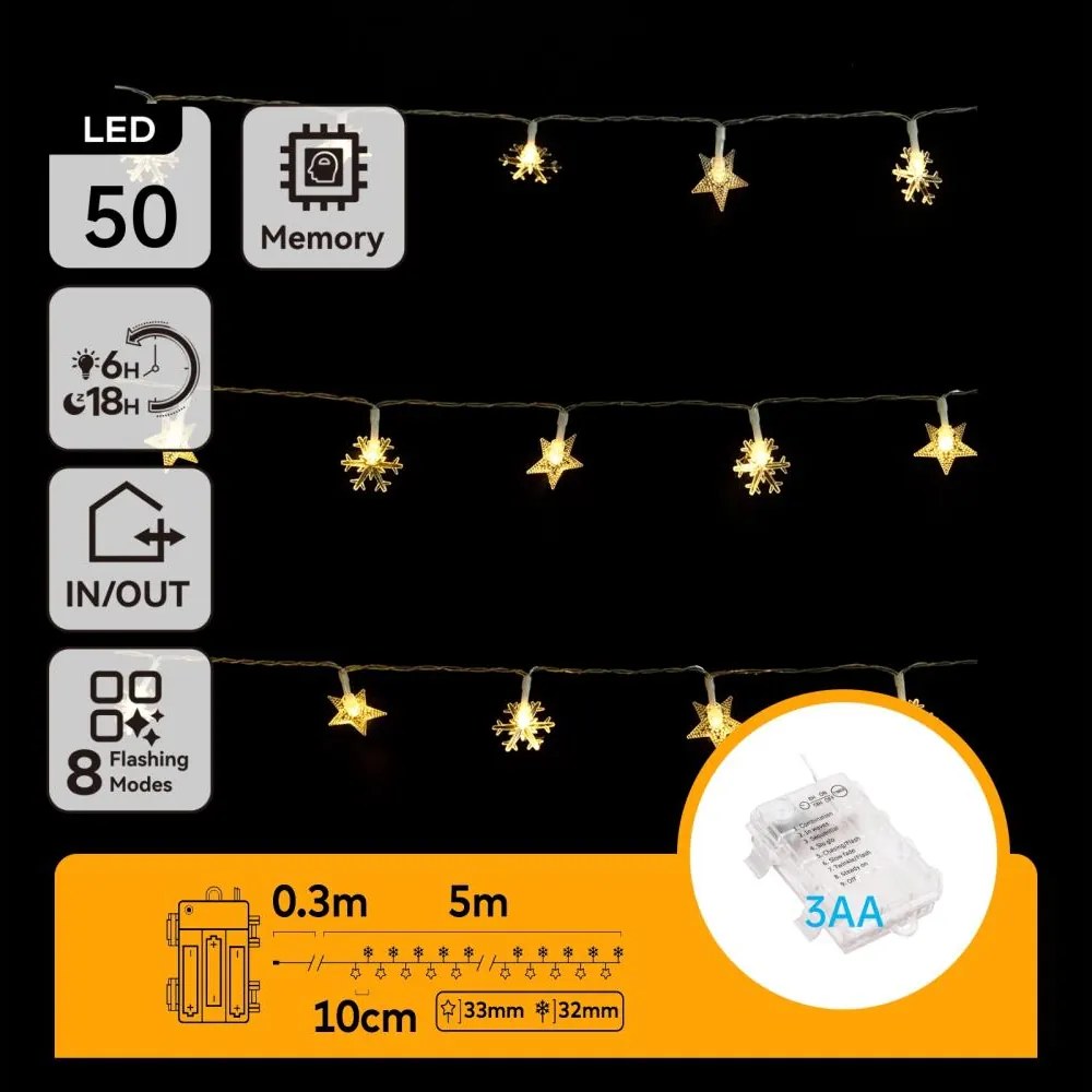 Aigostar - LED външен коледен гирлянд, 50 LED, 8 режима, 3 x AA, 5 m, IP44, топла бяла светлина, звезди