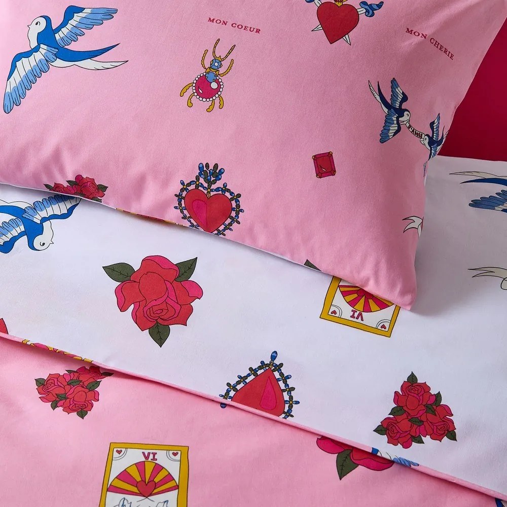 Бяло-розово двойно памучно спално бельо 200x200 cm Mon Coeur – Their Nibs