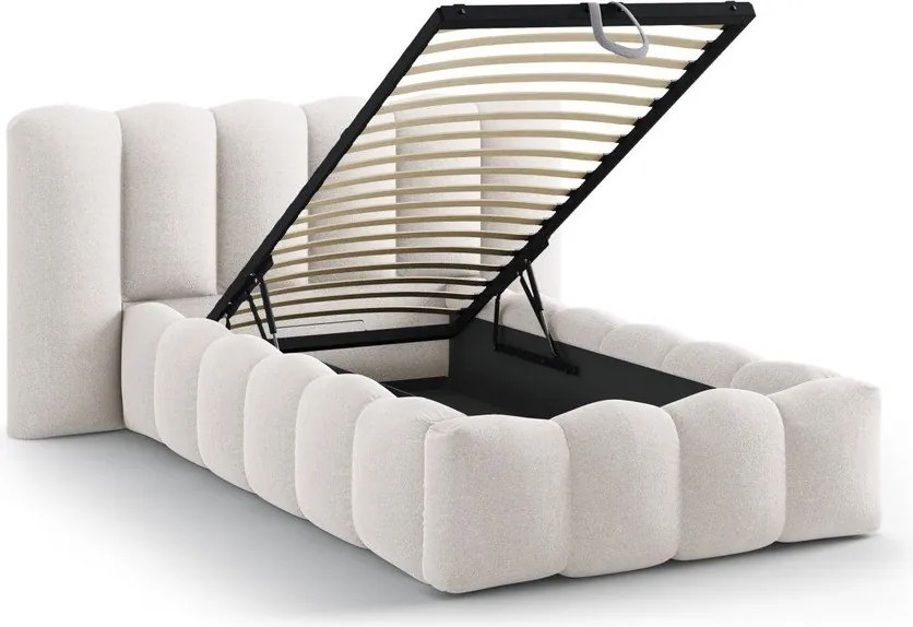 Кремаво единично легло 90x200 cm тапицирано с място за съхранение с включена подматрачна рамка Lupine – Micadoni