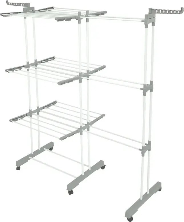 Сушилник за дрехи Kinghoff KH 2044, 30 м, До 30 кг, 3 нива, Колелца, Стомана, Бял/сив