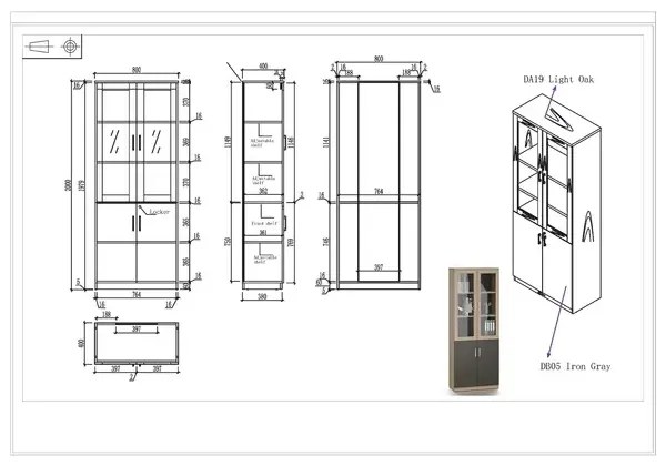 RFG Шкаф Milano, със стъклени врати, 800 х 400 х 2000 mm, светъл дъб и сиво