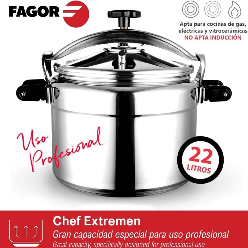 Втора ръка: Тенджера под налягане Fagor Chef Extremen 100602653, 15 л, 30 см, 50 kPa, 3 системи за безопасност, Алуминий, Сребрист