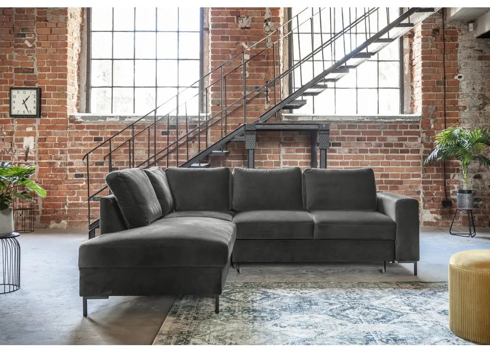 Тъмносив кадифен разтегателен ъглов диван (ляв ъгъл) Lofty Lilly – Miuform