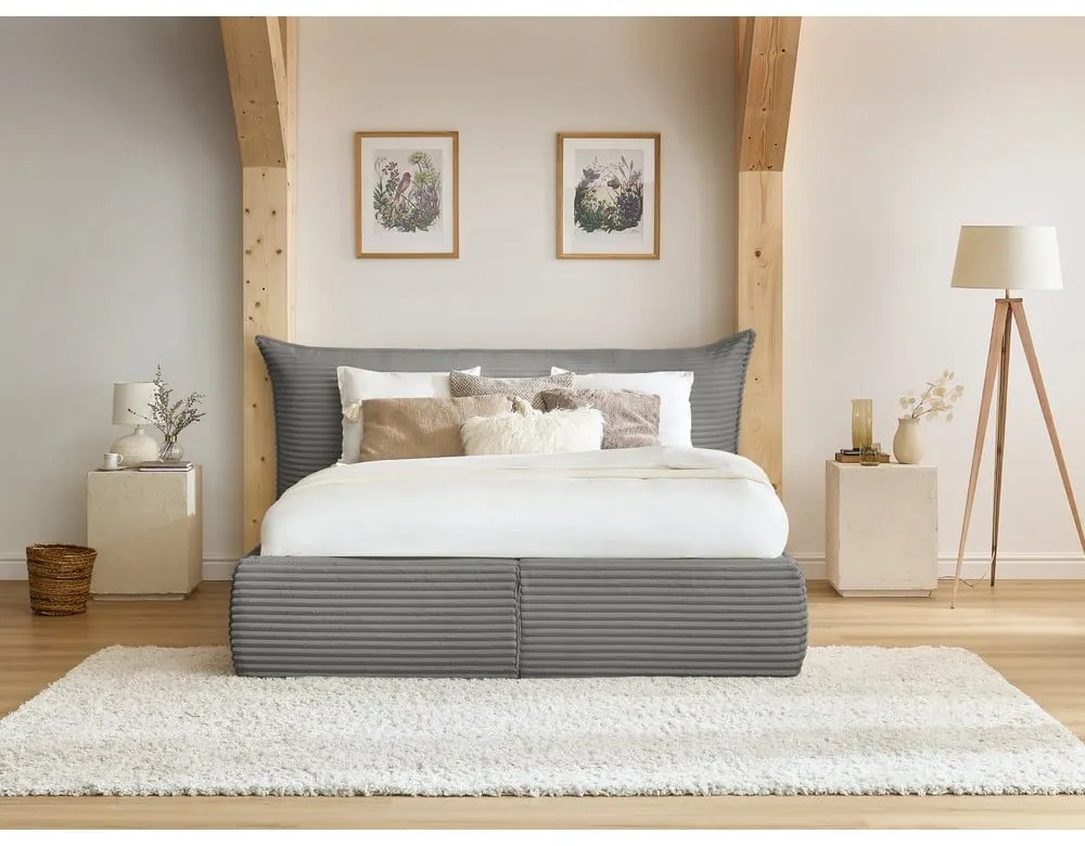 Сиво двойно тапицирано легло с място за съхранение с включена подматрачна рамка 160x200 cm Jade – Bobochic Paris