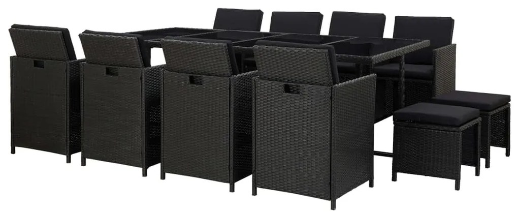 46534 vidaXL Градински комплект с възглавници, 13 части, полиратан, черен