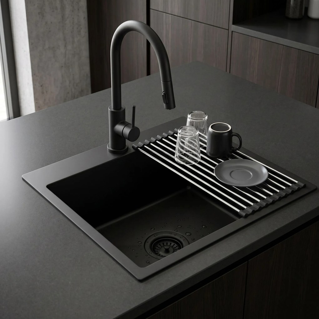Стоманена мивка с комплект аксесоари 3 бр. REA Leo 50 Black