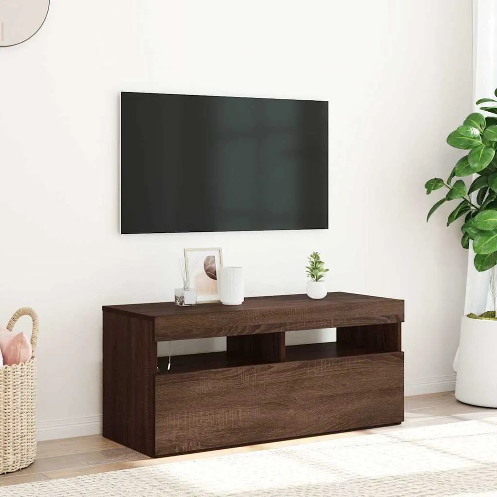 815677 vidaXL ТВ шкаф с LED осветление, кафяв дъб, 90x35x40 см