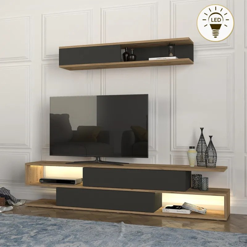 ТВ единица от меламин Manet с LED в сепет дъб - антрацитен цвят 180x29,5x39см.