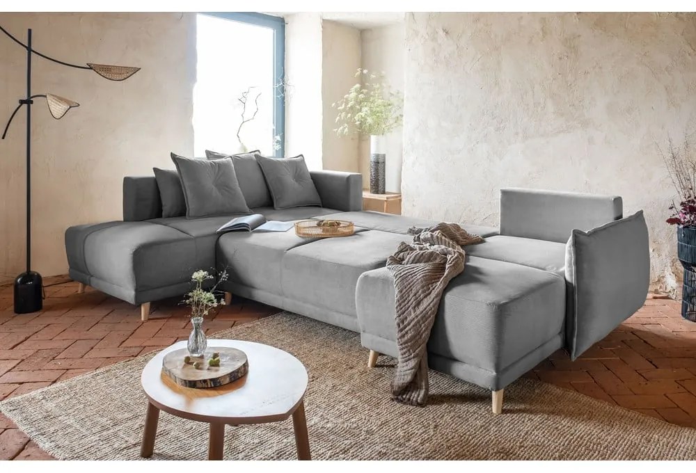 Ъглов разтегателен диван от сив велур (ляв ъгъл/"U") Lazy Lukka - Miuform