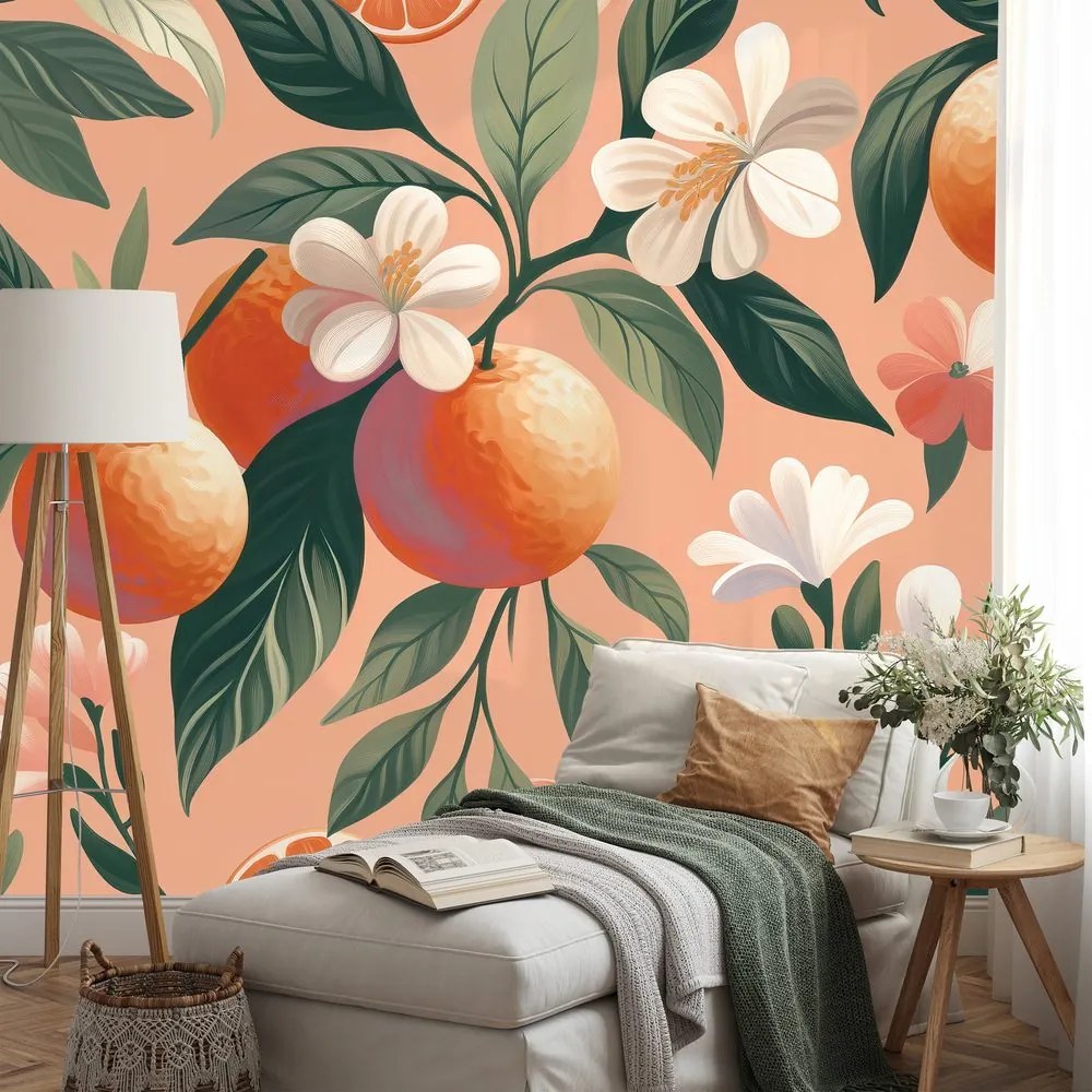Тапет – Портокали и цветя на кайсиев фон