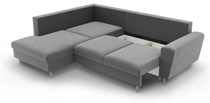 Светлосив кадифен разтегателен ъглов диван с място за съхранение (ляв ъгъл/L форма) Kyoto – Cosmopolitan Design