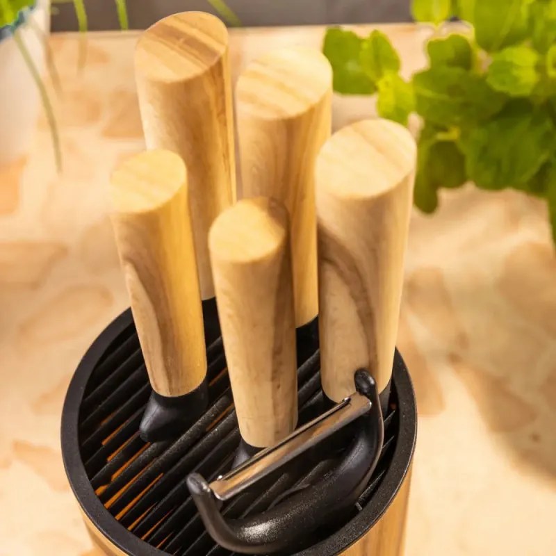 Комплект кухненски ножове Klausberg KB 9036, 7 ч, Неръждаема стомана, Дървесен ефект, Стойка, Кафяв