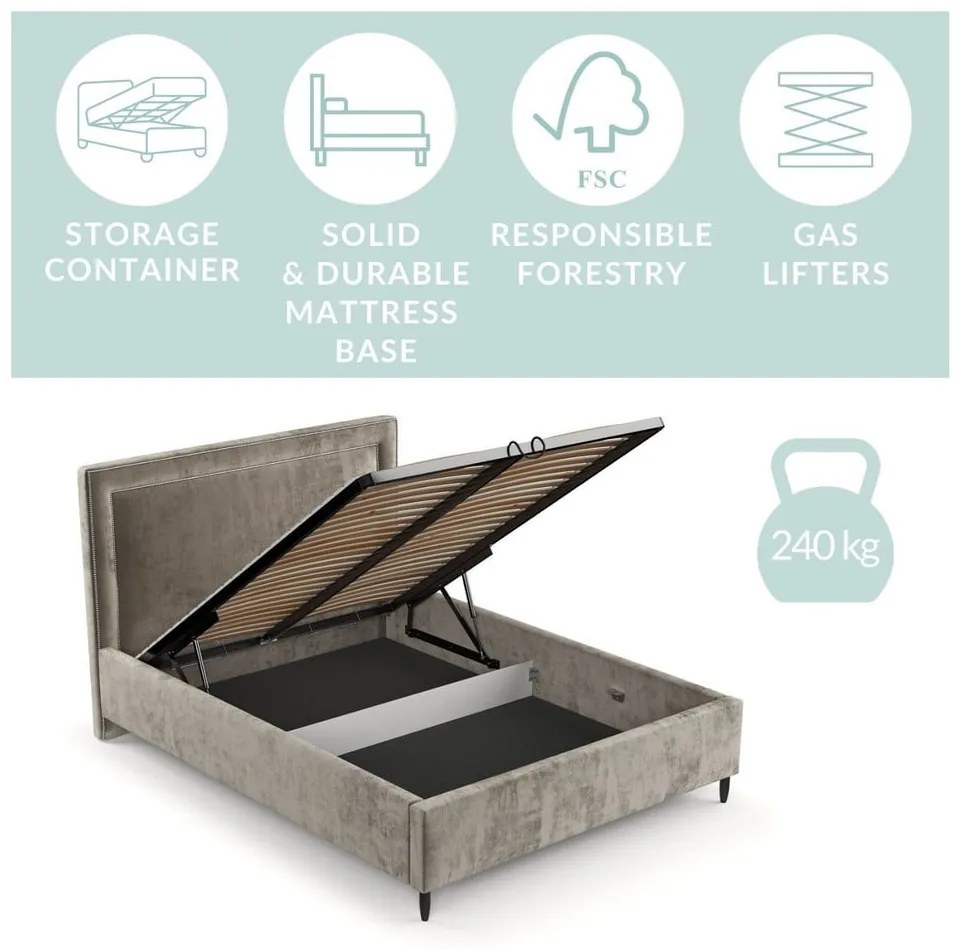 Бежово тапицирано двойно легло с място за съхранение с включена подматрачна рамка 140x200 cm Baleine – Maison de Rêve