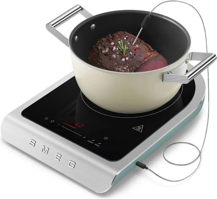Преносим индукционен котлон Smeg PIC01EGMEU, 2100 W, Керамично стъкло, Таймер, LED дисплей, Изумрудено зелено