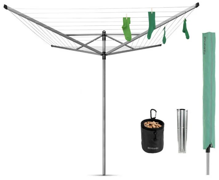 Външен простор Brabantia Lift-O-Matic 1003466, 50 м, Регулируема височина, Метален шиш за вкопаване, Калъф, Торба с щипки, Резистентен на корозия, Инокс