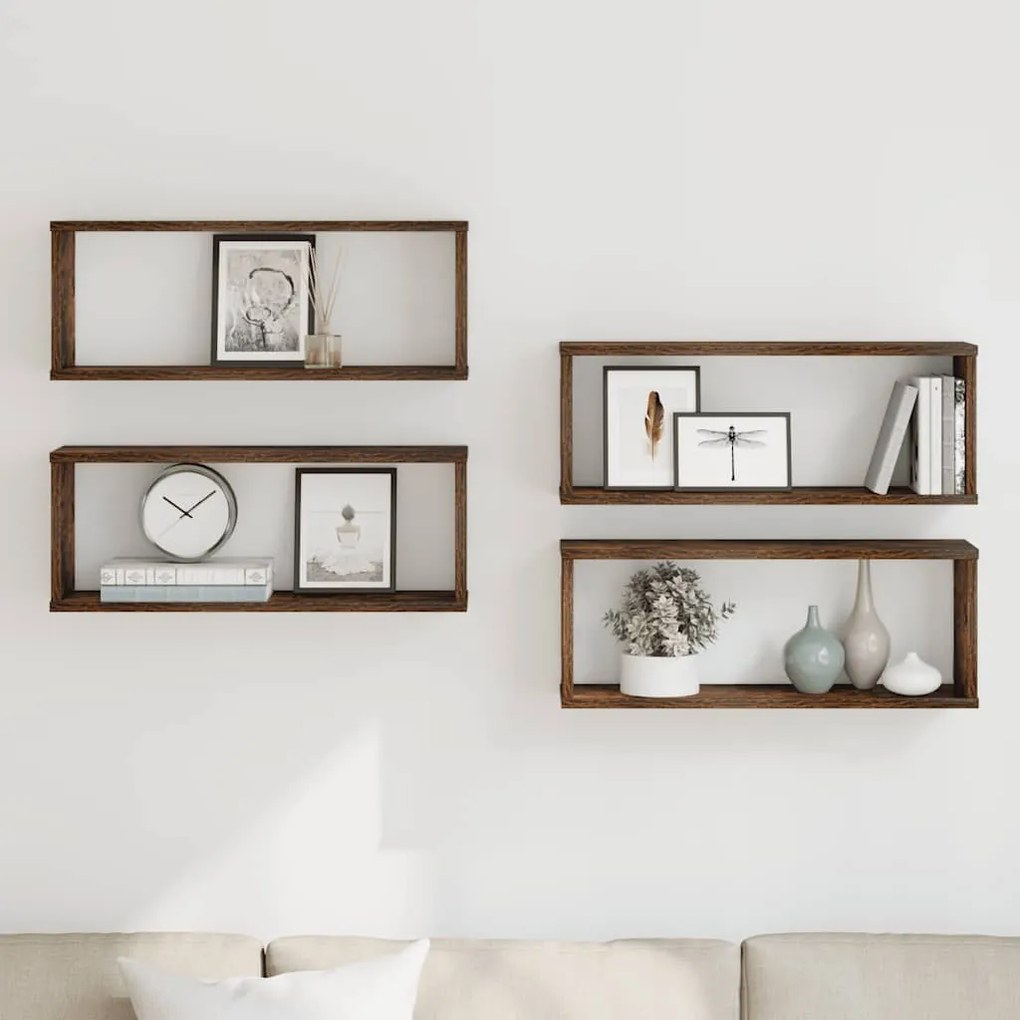 815925 vidaXL Стенни рафтове, 4 бр, опушен дъб, 60x15x23 см, инженерно дърво