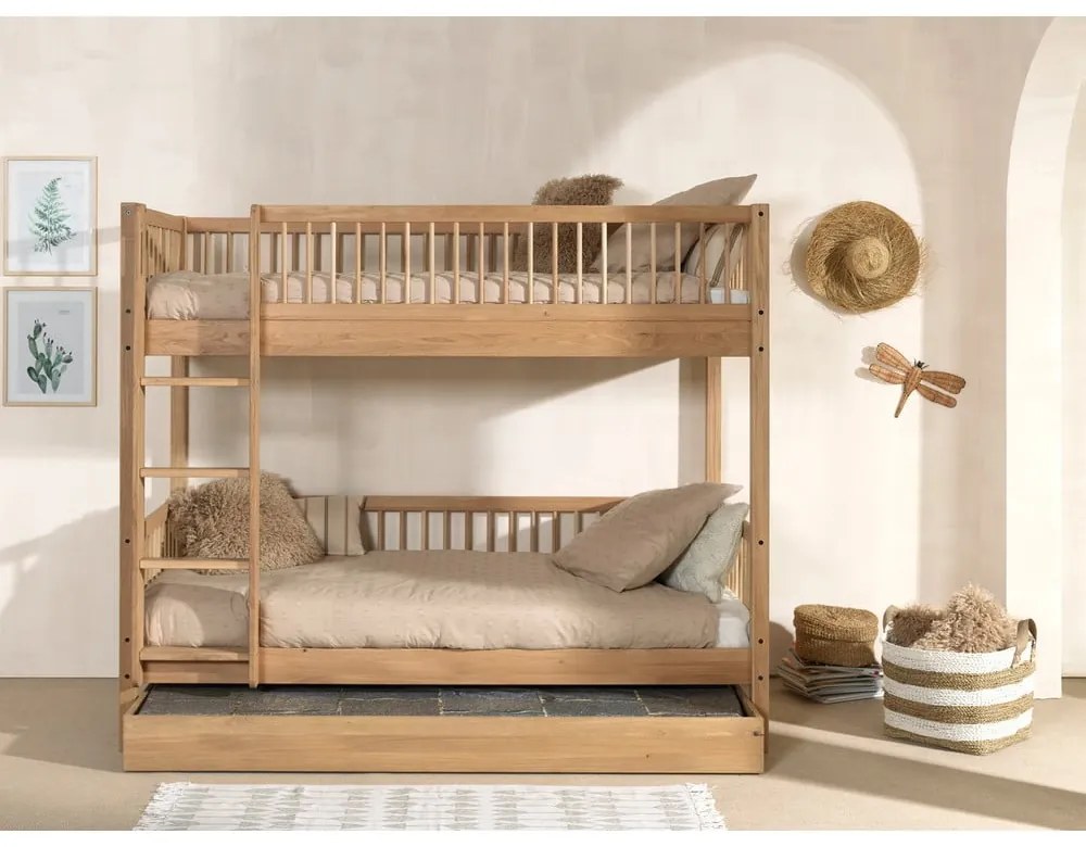 Детско двуетажно разтегателно легло от масивен дъб с място за съхранение в естествен цвят 90x200 cm Forrest – Vipack