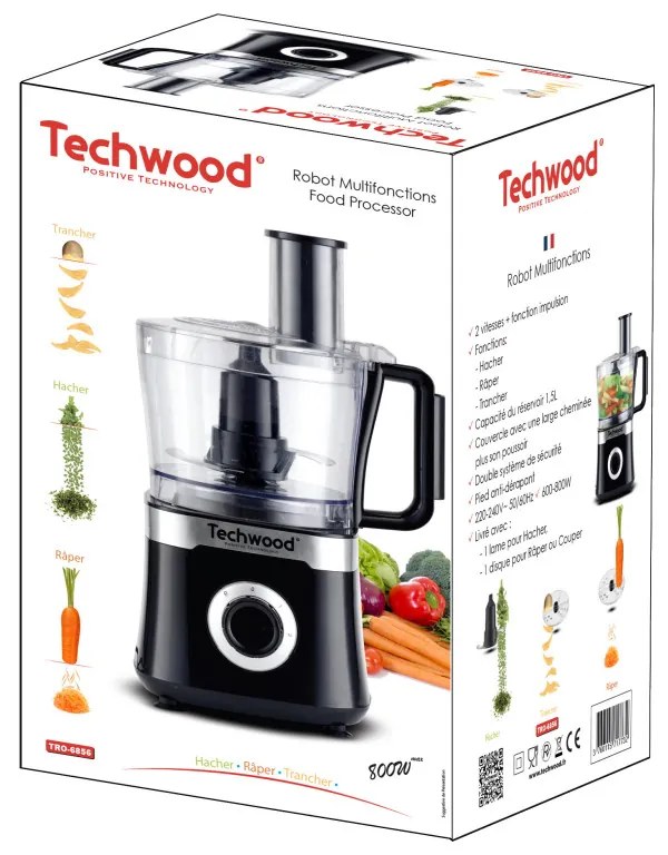 Кухненски робот Techwood TRO-6856, 800W, 1.5L, 2 скорости, Пулс функция, Нехлъзгащи се крачета, Черен