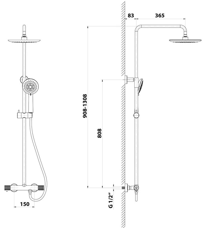 Месингов душ комплект в лъскаво сребристо с термостатен смесител с душ глава и ръчен душ 131 cm Solaris – Sapho