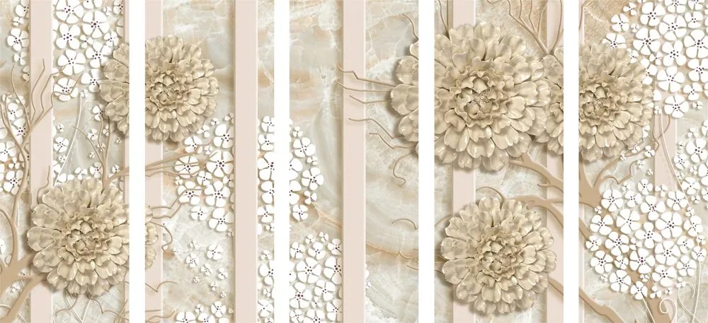 картини от 5 части – Абстрактни цветя на мраморен фон