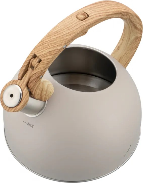 Свирещ чайник Klausberg KB 7913, 2.5 л, Дръжка с дървесен ефект, Индукция, Бежов