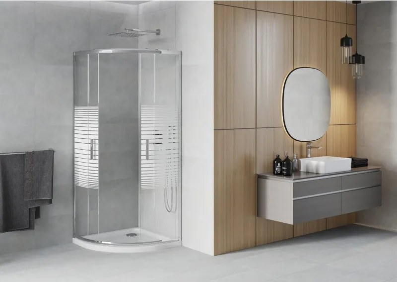 Mexen Rio душ кабина полукръгла 90 x 90 см, бели ивици, хром + поддушово корито Flat, бял - 863-090-090-01-20-4110