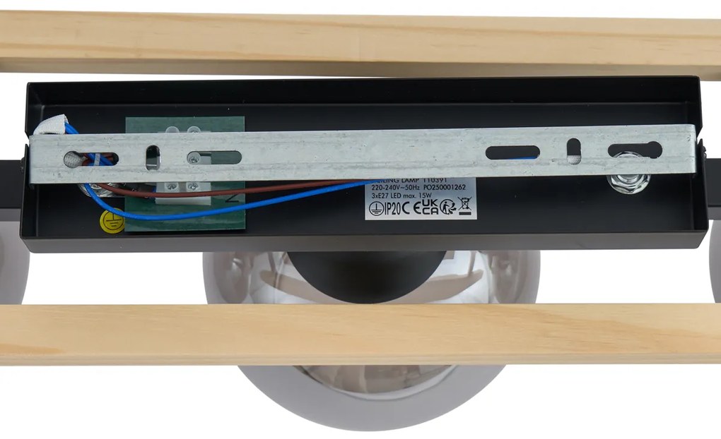 Модерна таванна лампа черна с дърво и димно стъкло 3-лампи - Aleks