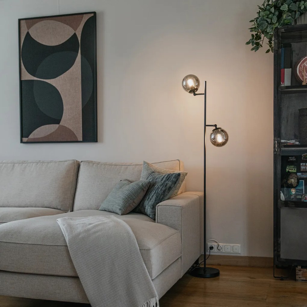 Подова лампа в стил Арт Деко, черна с опушено стъкло, 2 лампи - Pallon