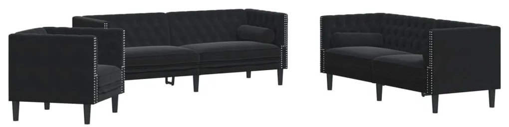 3209286 vidaXL Комплект 3 дивана Честърфийлд, с възглавници, черен, кадифе