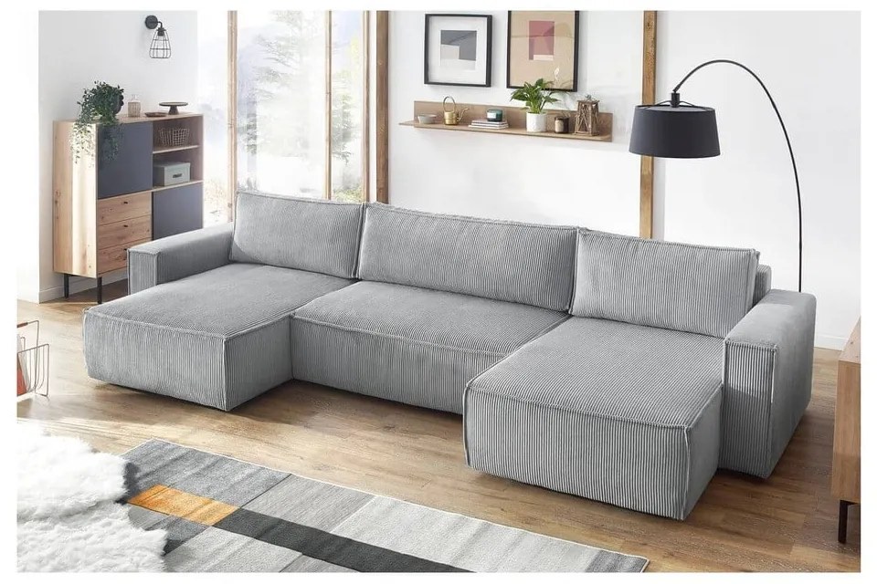 Светлосив велурен U-образен разтегателен диван Nihad - Bobochic Paris