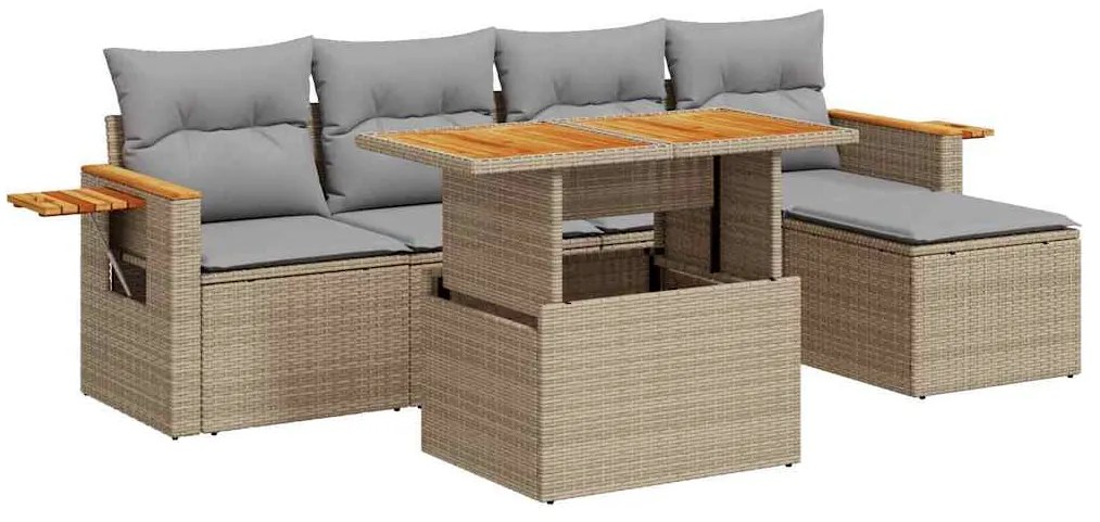 3327587 vidaXL Градински диван с възглавници, 6 части, бежов полиратан, акация