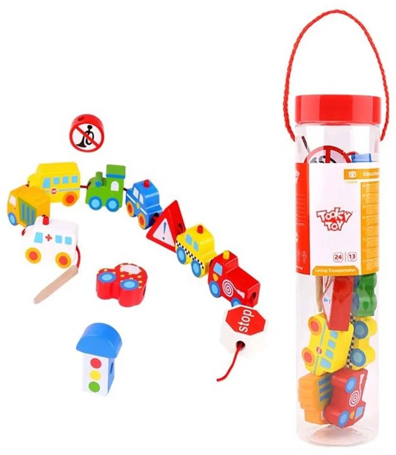 Tooky Toy - Дървени фигури за нанизване Превозни средства TKB512-BY