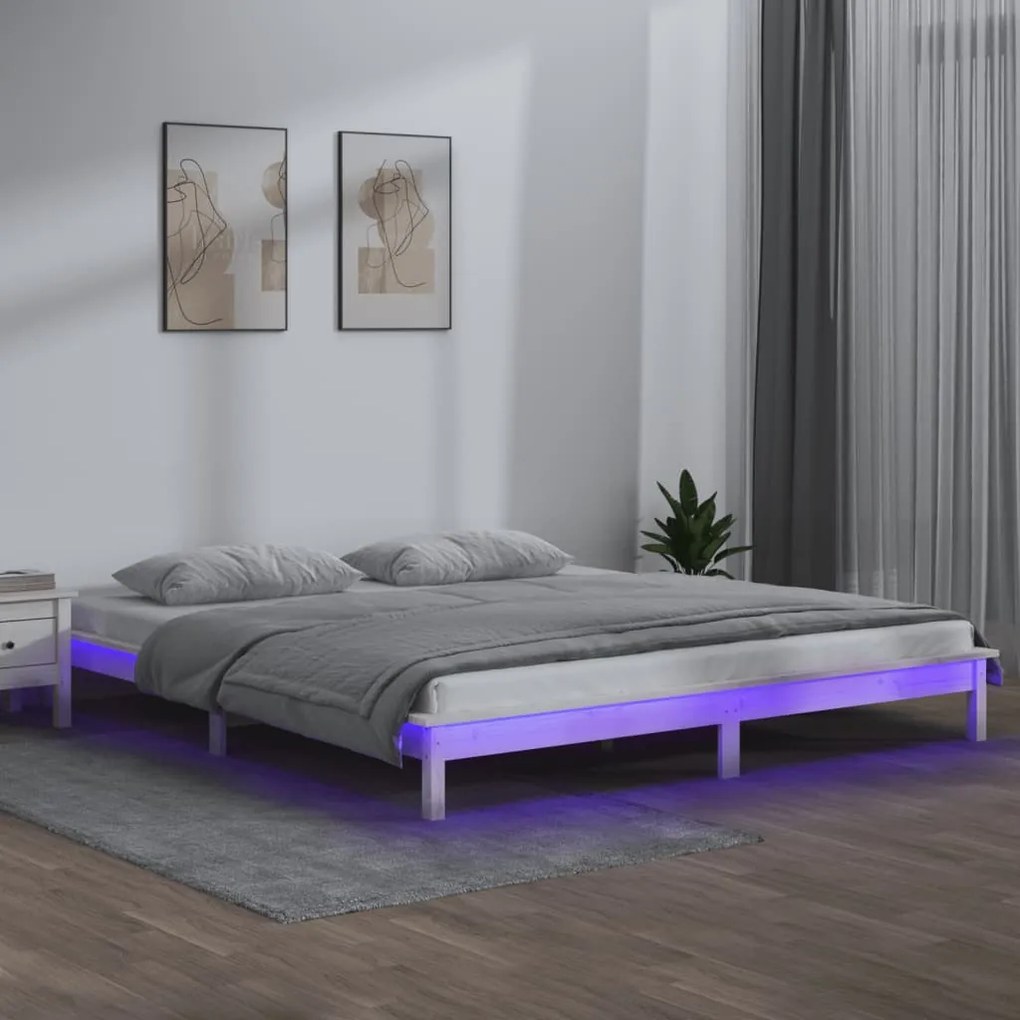 820607 vidaXL LED рамка за легло, бяла, 140x200 см, масивно дърво