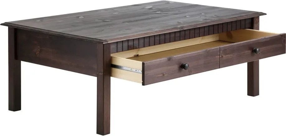 Тъмнокафява масичка за кафе от масивен бор с 2 чекмеджета Linda - Støraa