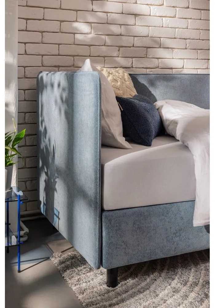 Синьо единично легло тапицирано с място за съхранение с включен матрак 90x200 cm Avela – Bonami Selection