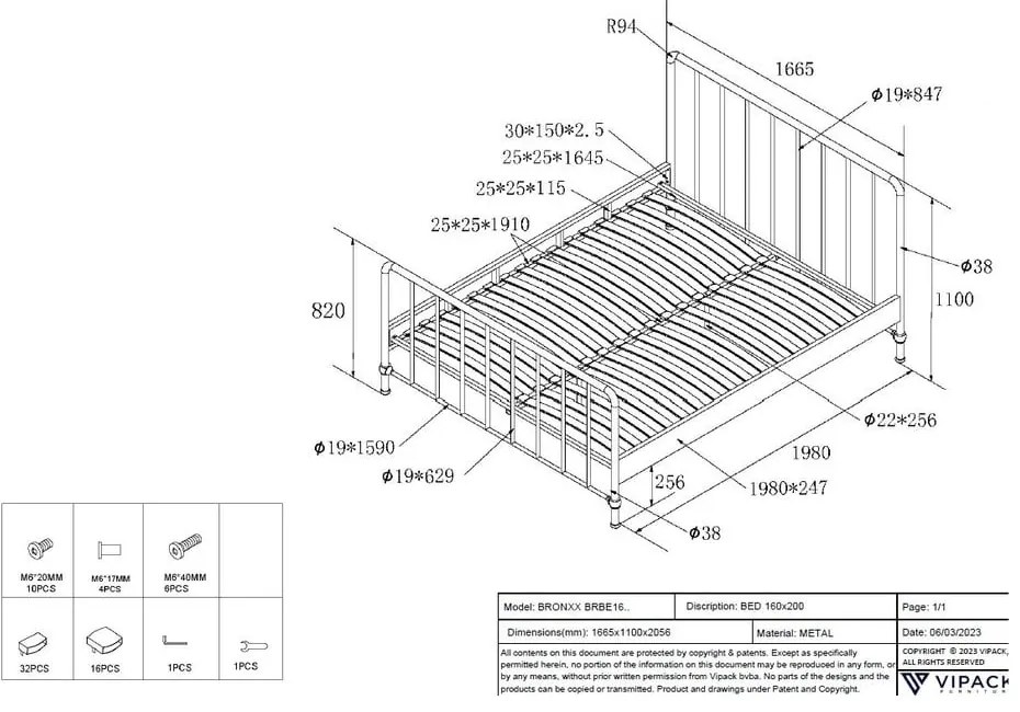 Зелено метално двойно легло 160x200 cm с включена подматрачна рамка BRONXX – Vipack