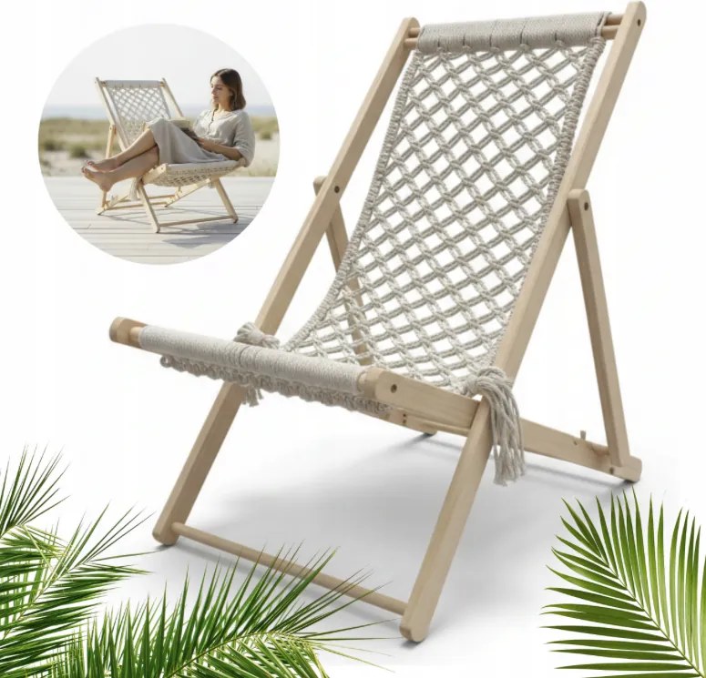 Дървен градински шезлонг с MAKRAMÉ - сгъваем Бежово