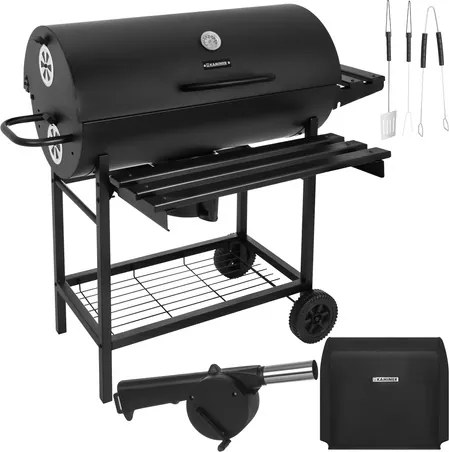 Голяма градинска скара на дървени въглища с капак и термометър