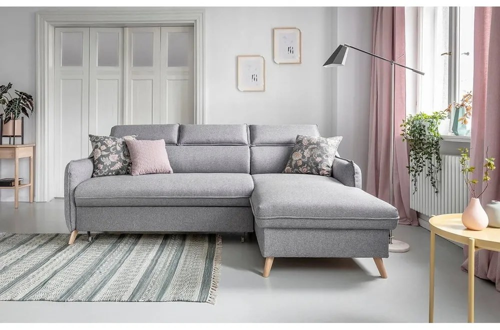 Светлосив ъглов разтегателен диван, десен ъгъл Sweet Harmony - Miuform