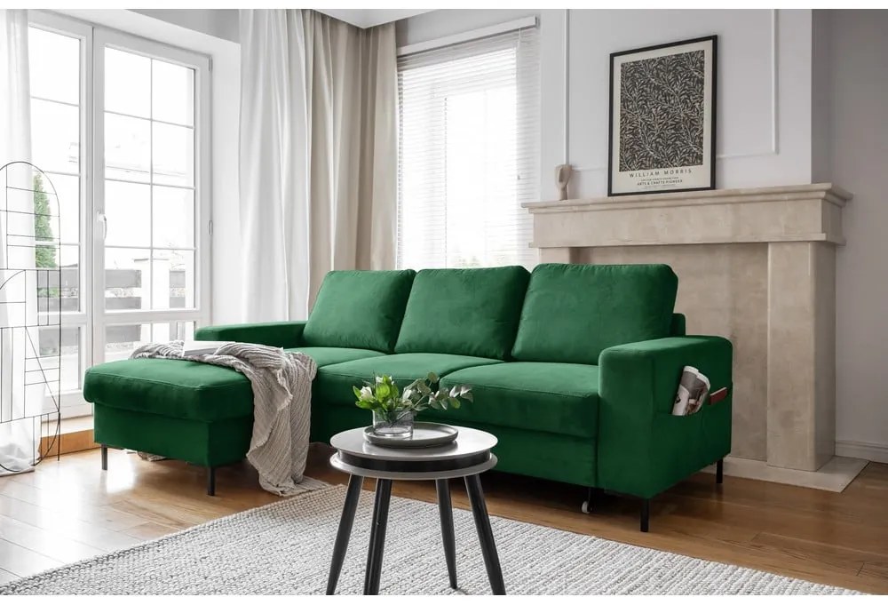 Тъмнозелен разтегателен ъглов диван от рипсено кадифе (ляв ъгъл) Lofty Lilly – Miuform